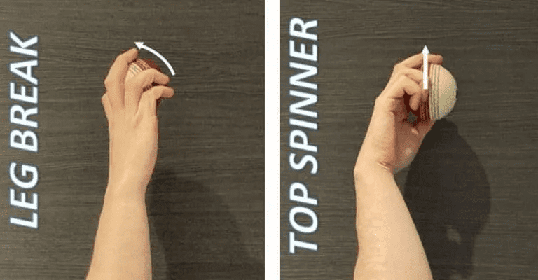 For a right-arm leg spin bowler, there is a difference in release between a leg break and a top spinner.Take note of how the arm of the top spinner is slightly twisted around with the palm pointing east for this spinner.The batter would be able to see the side of the hand where the thumb is.