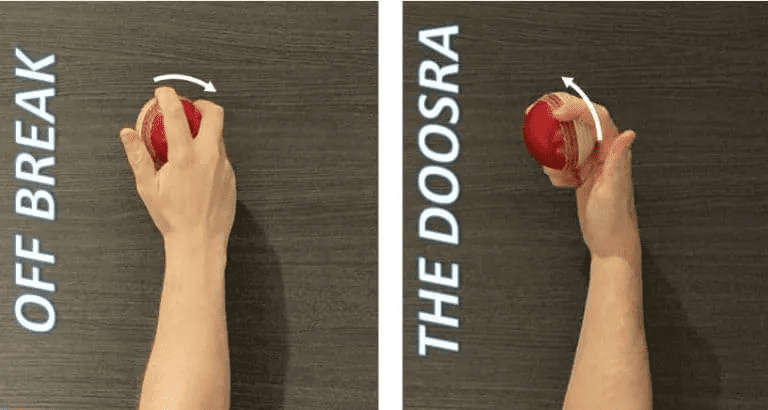For a right-arm off spin bowler, there is a difference in release between the doosra and an off break.Take note of the way the seam is pointing in a completely different direction when the arm is turned around.It's hard to release the ball like this while giving it spin!