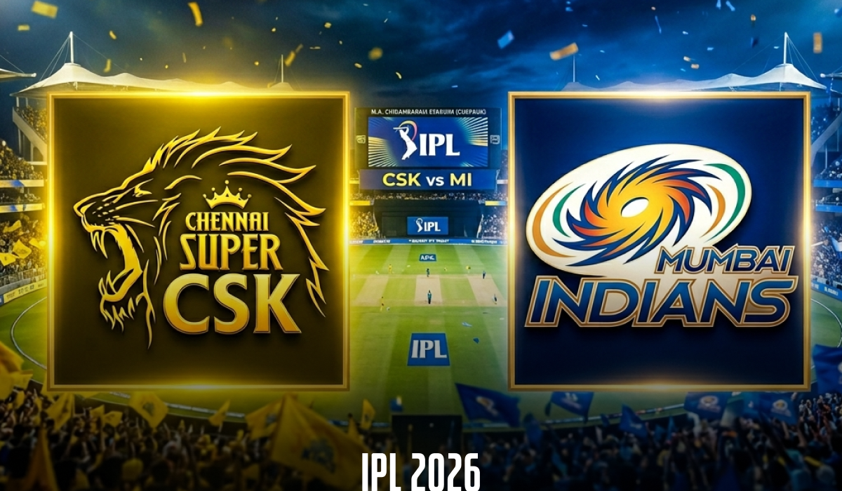 IPL 2026 match between Chennai Super Kings (CSK) and Mumbai Indians (MI), featuring their respective team logos. The image displays a packed stadium with yellow and blue flags, representing CSK and MI fans. The match details 'IPL 2026 - CSK vs MI' are displayed at the bottom